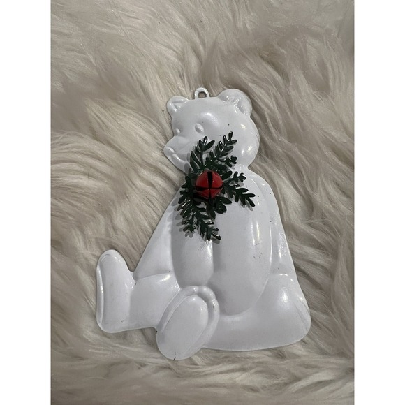 Vintage Dept 56 Flat Metal White Teddy Bear w/ Red Bell Christmas Ornament 4"x3" - Picture 7 of 9